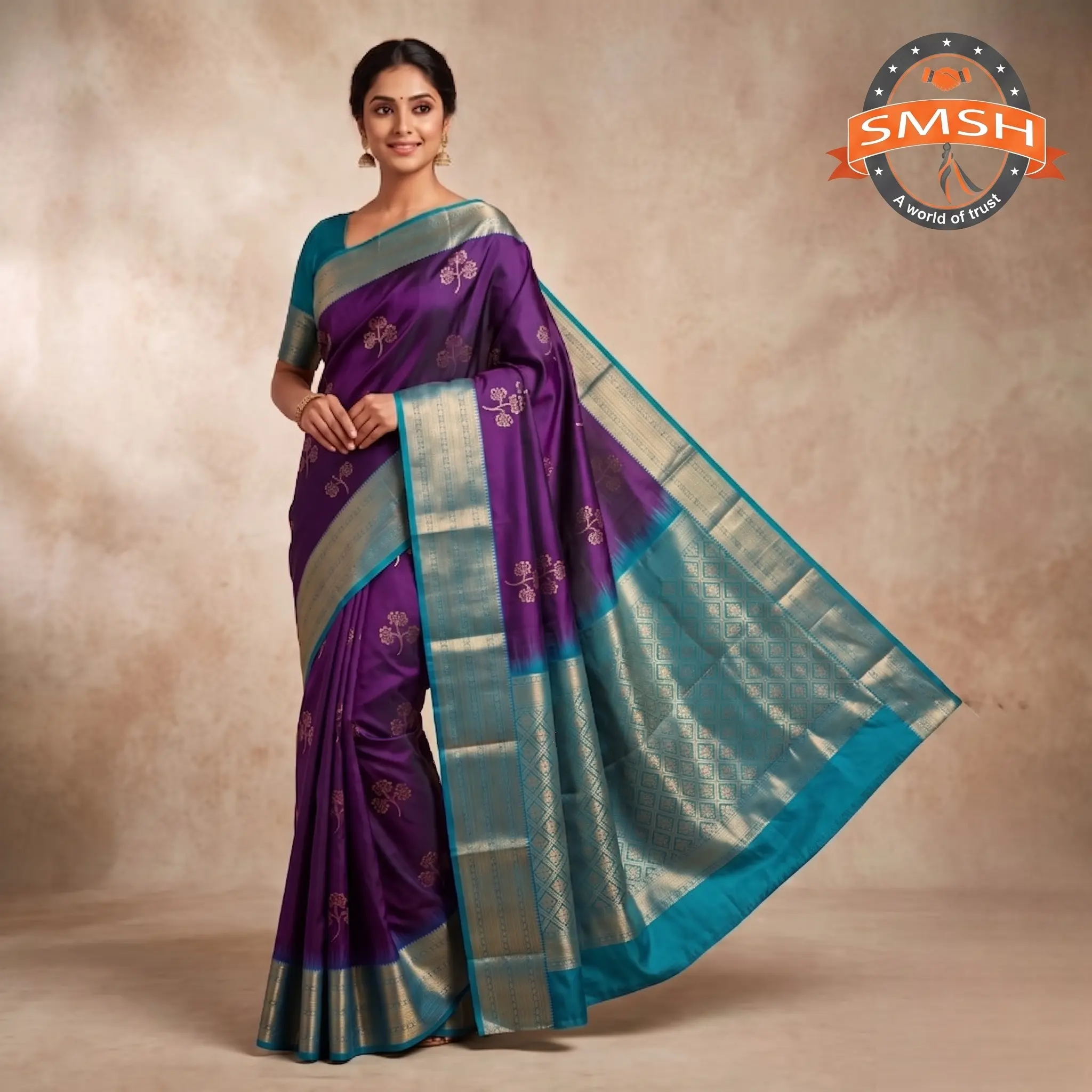 Purple Teal Vintage Contrast Butta Silk Saree